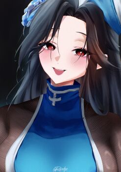 1girl black_hair bodystocking braid braided_ponytail breasts cross earrings goddess_of_victory:_nikke hat holding jewelry large_breasts long_hair looking_at_viewer maiden_(ice_rose)_(nikke) maiden_(nikke) official_alternate_costume rainatsu red_eyes smile solo torn_bodystocking torn_clothes very_long_hair