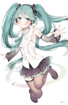 1girl absurdres aqua_eyes aqua_hair aqua_necktie aqua_ribbon aqua_trim arm_tattoo black_skirt black_thighhighs blush breasts collared_shirt detached_sleeves hair_between_eyes hair_ornament hatsune_miku hatsune_miku_(nt) highres long_hair long_sleeves looking_at_viewer medium_breasts musical_note musical_staff necktie number_tattoo official_alternate_costume petaru pleated_skirt ribbon see-through_clothes see-through_sleeves shirt simple_background skirt sleeveless sleeveless_shirt smile solo tattoo teeth thighhighs twintails twitter_username very_long_hair vocaloid white_background white_shirt