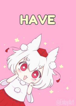 1girl :3 animal_ears animated animated_gif blinking blush chibi commentary detached_sleeves english_commentary english_text enlay hair_between_eyes hands_on_own_cheeks hands_on_own_face hat hikimayu inubashiri_momiji looking_at_viewer open_mouth painttool_sai_(medium) pink_background pleated_skirt pom_pom_(clothes) pun red_eyes red_skirt short_hair simple_background skirt smile solo star-shaped_pupils star_(symbol) symbol-shaped_pupils third-party_source tokin_hat touhou twitter_username upper_body white_hair wide_sleeves wolf_ears