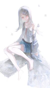 1girl absurdres barefoot belt black_belt blush breasts bug butterfly camisole closed_mouth collarbone commentary_request denim denim_shorts fingernails flipped_hair full_body gakuen_idolmaster grey_hair hair_ornament hairclip head_tilt highres idolmaster iinagi_(kashiwa_keira) insect long_hair looking_at_viewer orange_eyes parallel_hairclips parted_bangs red_ribbon ribbon robe rope_belt shinosawa_hiro shorts simple_background single_off_shoulder sitting small_breasts solo swept_bangs toenails white_background white_camisole white_robe