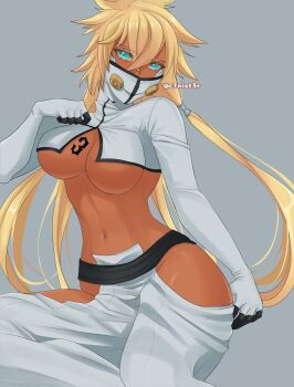 1girl 2023 artist_name bleach blonde_hair breast_tattoo breasts c1nist3r colored_eyelashes cropped_jacket dark-skinned_female dark_skin espada female_focus green_eyes grey_background large_breasts medium_hair navel number_tattoo simple_background stomach tattoo tier_harribel underboob unzipping