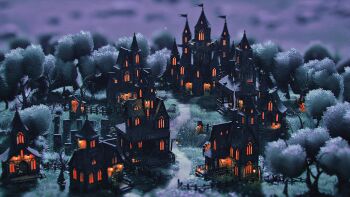 absurdres bare_tree building commentary english_commentary fence flag grass highres house lantern night no_humans nyame_ms original path road scenery spire tree window_light wooden_fence