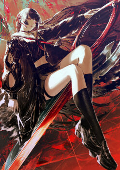 Rule 34 | 1girl, arm cutout, black choker, black hair, black serafuku, black shirt, black skirt, breasts, chisa (wuthering waves), choker, clothing cutout, commentary request, crop top, hair ribbon, highres, holding, holding sword, holding weapon, long hair, long sleeves, medium breasts, mole, mole under eye, neckerchief, parted lips, red eyes, red neckerchief, red ribbon, ribbon, sailor collar, school uniform, serafuku, shirt, skirt, solo, sword, tacet mark (wuthering waves), weapon, white sailor collar, wuthering waves, yoshi (houndbell)