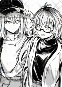 Rule 34 | 2girls, bang dream!, bang dream! it's mygo!!!!!, baseball cap, collarbone, commentary, glasses, greyscale, hair ornament, hair scrunchie, hat, long hair, low twintails, medium hair, misumi uika, mole, mole above mouth, mole under mouth, monochrome, multicolored hair, multiple girls, original, paperca-ke, roots (hair), scrunchie, shirt, twintails, underwear, upper body, watermark