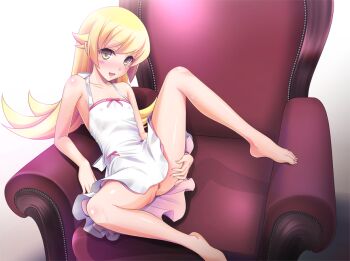1girl :d arm_support armpits bare_shoulders barefoot blonde_hair blush blush_stickers body_blush bow breasts chair covered_erect_nipples dress feet fingernails flat_chest flipped_hair hand_on_own_thigh indoors komori_kei leg_up legs long_fingernails long_hair long_legs long_toenails looking_at_viewer monogatari_(series) naughty_face no_bra no_panties non-web_source nose_blush on_chair open_mouth oshino_shinobu pink_bow pointy_ears presenting pussy_juice shadow short_dress sitting small_breasts smile solo spread_legs sundress toenails uncensored very_long_hair white_dress yellow_eyes