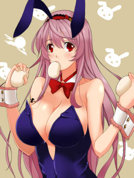 Rule 34 | 1girl, animal ears, bad id, bad pixiv id, blush, breasts, cleavage, detached collar, eating, fake animal ears, female focus, food, kosuke (bb), large breasts, long hair, looking at viewer, mochi, mouth hold, pink hair, playboy bunny, rabbit ears, red eyes, sengoku bushouki muramasa, solo, toudou takatora (sengoku bushouki muramasa), wagashi, wrist cuffs