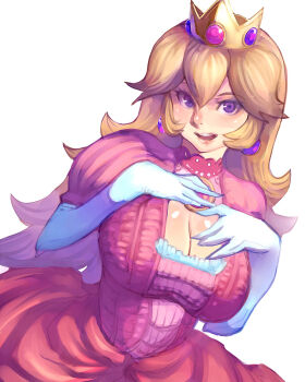 1girl bad_id bad_pixiv_id blonde_hair blue_eyes blush breasts brooch cleavage cleavage_cutout clothing_cutout crown dress earrings elbow_gloves female_focus gloves highres jewelry large_breasts long_hair mario_(series) metata nintendo open_mouth pink_dress princess princess_peach purple_eyes smile solo super_mario_bros._1 white_background white_gloves white_theme