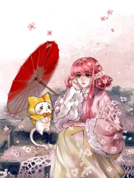 Rule 34 | 1girl, absurdres, ahoge, animal, bow, bowtie, brown eyes, cat, cherry blossoms, chinese clothes, chinese commentary, cloak, clothed animal, collared shirt, commentary request, ear covers, eyelashes, falling petals, feet out of frame, flower, frilled sleeves, frills, fringe trim, gossamer moonfairy (infinity nikki), hair over shoulder, hair rings, hand on lap, hand on own cheek, hand on own face, high collar, highres, hood, hood up, hooded cloak, infinity nikki, light blush, light smile, lips, long hair, long skirt, long sleeves, looking ahead, looking at another, mesh, momo (nikki), nikki (nikki), nikki (series), nostrils, oil-paper umbrella, on stairs, orange bow, orange bowtie, parted lips, petals, pink background, pink flower, pink hair, pink lips, pink shawl, pink shirt, pleated skirt, qingxu, red umbrella, shawl, shirt, sitting, skirt, traditional bowtie, umbrella, white cat, wide sleeves, yellow cloak, yellow skirt