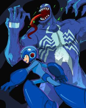 2boys absurdres black_background blue_bodysuit bodysuit capcom crossover highres long_tongue male_focus marvel marvel_vs._capcom marvel_vs._capcom_2 mega_man_(character) mega_man_(classic) mega_man_(series) multiple_boys open_clothes profile projectdivider sharp_teeth sitting sketch teeth tongue venom_(marvel)
