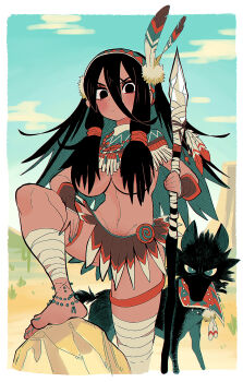 1girl animal anklet bandaged_leg bandages barefoot bead_anklet beads black_eyes black_hair blue_eyes blue_hair blue_nails blue_sky blush breasts cactus charm_(object) closed_mouth cloud commentary dark-skinned_female dark_skin day desert dreamcatcher feathers gashi-gashi hair_between_eyes hair_censor hair_tubes hairband highres holding holding_polearm holding_weapon jewelry large_breasts leg_up long_hair looking_at_viewer multicolored_hair nail_polish native_american necklace original outdoors polearm pubic_hair pubic_hair_peek rock sidelocks skirt sky solo spear thigh_strap toenail_polish toenails tribal very_long_hair weapon wolf