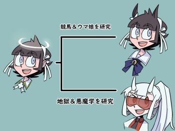 1girl animal_ears aqua_background azazel_(helltaker) black_hair black_necktie bow bowtie collared_shirt commentary cross_ornament ear_bow evolutionary_line goggles grey_eyes hair_ribbon halo helltaker horns horse_ears horse_girl kemonomimi_mode loremaster_(helltaker) multiple_persona necktie portrait purple_bow purple_bowtie red-tinted_eyewear red_shirt ribbon ririt_dx sailor_collar school_uniform shirt short_hair sideways_glance spoilers summer_uniform tinted_eyewear tracen_school_uniform translated umamusume white_bow white_hair white_halo white_sailor_collar