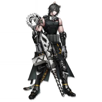 1boy animal_ears arknights bare_shoulders black_boots black_gloves black_hair black_pants black_shirt boots broca_(arknights) full_body gloves goggles goggles_around_neck grey_gloves gun hair_over_one_eye highres holding holding_gun holding_weapon infukun looking_at_viewer male_focus muscular official_art pants shirt short_hair simple_background sleeveless solo standing tail tattoo tiger_boy tiger_ears tiger_tail transparent_background weapon yellow_eyes