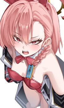 1girl absurdres animal_ear_hairband animal_ears bare_shoulders blue_archive blush bow bowtie braid breasts commentary_request detached_collar eyelashes eyes_visible_through_hair fake_animal_ears feet_out_of_frame floral_print floral_print_jacket foreshortening from_above frown hair_between_eyes hairband halo headband highres jacket leotard looking_at_viewer mahoro_(minase_mahoro) medium_hair millennium_science_school_logo mole mole_under_each_eye mole_under_eye multiple_moles neru_(blue_archive) neru_(bunny)_(blue_archive) official_alternate_costume open_clothes open_jacket open_mouth orange_hair partial_commentary playboy_bunny print_jacket rabbit_ears red_bow red_bowtie red_eyes red_headband red_leotard simple_background single_braid small_breasts solo standing strapless strapless_leotard sukajan teeth thighs tongue tsurime upturned_eyes v-shaped_eyebrows white_background yellow_halo