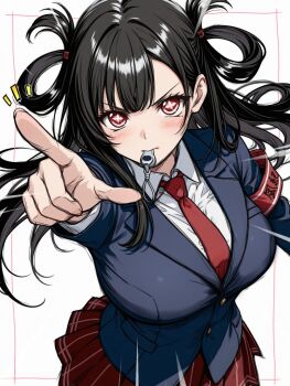 Rule 34 | 1girl, black hair, blowing whistle, blush, breasts, brown eyes, commentary request, hair rings, kuniruri natsuki, large breasts, long hair, looking at viewer, mole, mole under eye, nanathuki, necktie, nue no onmyouji, pointing, pointing at viewer, school uniform, shirt, skirt, solo, symbol-shaped pupils, whispering, whistle