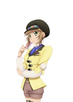 Rule 34 | 1girl, argyle clothes, argyle thighhighs, artist request, black hat, black thighhighs, blue necktie, breasts, brown hair, brown shorts, closed mouth, commentary, cowboy shot, game cg, green eyes, hand on own arm, hat, holding, holding pen, jacket, leia rolando, long sleeves, looking at viewer, medium breasts, necktie, official art, peaked cap, pen, pen to chin, shirt, short hair, shorts, smile, solo, standing, tales of (series), tales of asteria, tales of xillia, tales of xillia 2, thighhighs, thighs, third-party source, transparent background, white shirt, yellow jacket