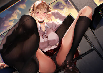 1girl black_socks blonde_hair blush breasts classroom feet highres large_breasts loafers long_hair looking_at_viewer open_mouth panties pantyshot red_eyes shoes socks soles toes twintails underwear