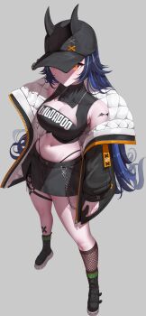 1girl 2025 absurdres bare_shoulders baseball_cap black_jacket black_shirt black_shorts black_skirt blue_hair breasts cleavage cleavage_cutout closed_mouth clothes_writing clothing_cutout crop_top fishnet_socks fishnets from_above full_body grey_background hat highleg highleg_panties highres horns horns_through_headwear jacket kneehighs korean_commentary large_breasts lilpa long_hair long_sleeves looking_at_viewer making-of_available medium_breasts midriff miniskirt navel off_shoulder open_clothes open_jacket orange_eyes panties panty_straps shirt shoes shorts simple_background skirt sleeveless sleeveless_shirt socks solo standing stomach tattoo thigh_strap thighs underwear very_long_hair virtual_youtuber waktaverse white_background yellow_eyes yeon_do_e