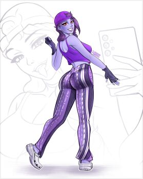 1girl absurdres alternate_costume artist_name ass bell-bottoms black_gloves breasts cellphone colored_skin crocs crop_top dark_ruby dutsafe fingerless_gloves forbidden_pants fortnite from_behind full_body gloves hat highres holding holding_phone long_hair looking_at_viewer looking_back medium_breasts pants phone print_pants purple_hair purple_hat purple_lips purple_pants purple_skin purple_tank_top red_eyes shoes smartphone standing tank_top tongue tongue_out white_shoes