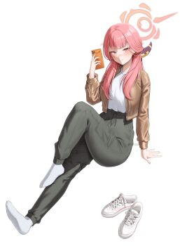 1girl absurdres alternate_costume arm_at_side aru_(blue_archive) blue_archive blunt_bangs blush brown_jacket casual cellphone closed_mouth commentary demon_girl demon_horns denim dutch_angle hair_on_horn halo hand_up highres holding holding_phone horns jacket jeans knee_up long_hair long_sleeves looking_at_viewer m1ssed open_clothes open_jacket pants phone pink_hair pink_halo shirt shoes simple_background sitting smartphone smile socks solo straight_hair twitter_username unworn_shoes white_background white_shirt white_shoes white_socks yellow_eyes