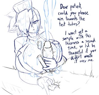 1boy 1girl between_breasts breasts cum cum_on_body cum_on_breasts cum_on_clothes cum_on_hair cum_on_upper_body ejaculation english_text expressionless facial gloves handjob hat holding holding_test_tube huge_breasts latex latex_gloves monochrome nurse nurse_cap penis penis_grab prostate_milking sketch skullgirls solo_focus speech_bubble test_tube text_focus valentine_(skullgirls) veins veiny_penis vkid x-ray