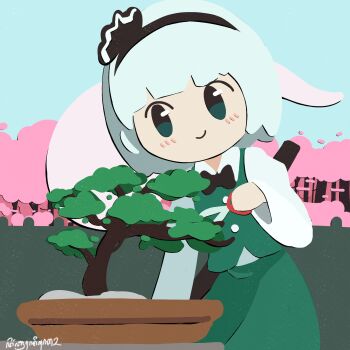 Rule 34 | 1girl, black hairband, derbruhniko, gardening, grey hair, hairband, highres, konpaku youmu, short hair, smile, solo, sword, touhou, weapon, white hair