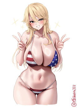 1girl american_flag american_flag_bikini american_flag_print bikini blonde_hair blush breasts cleavage collarbone commentary cropped_legs double_w ebifurya flag_print flag_print_bikini grey_eyes hair_between_eyes highres iowa_(kancolle) kantai_collection large_breasts long_hair looking_at_viewer navel one-hour_drawing_challenge open_mouth print_bikini skindentation smile solo star-shaped_pupils star_(symbol) stomach swimsuit symbol-shaped_pupils twitter_username very_long_hair w white_background