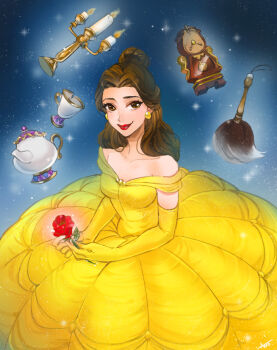 Rule 34 | 1girl, ano (sbee), artist name, bare shoulders, beauty and the beast (disney), belle (disney), blue background, brown eyes, brown hair, candle, candlestand, chip potts, commentary request, cup, dress, duster, earrings, elbow gloves, feather duster, flower, gloves, glowing, glowing flower, hair bun, jewelry, long hair, looking at viewer, mrs. potts, rose, single hair bun, smile, solo, sparkle, sparkle background, teacup, teapot, watch, yellow dress