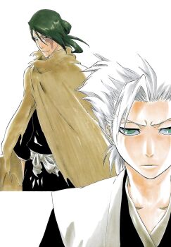 2boys bleach cape closed_mouth collarbone green_hair haori hitsugaya_toushirou japanese_clothes kubo_tite kusaka_soujirou long_hair multiple_boys official_art scar scar_on_face second-party_source shihakusho short_hair simple_background spiked_hair upper_body white_background white_hair