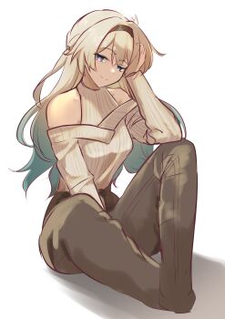 1girl absurdres alternate_costume black_hairband blue_pupils firefly_(honkai:_star_rail) gradient_eyes gradient_hair grey_hair hair_intakes hairband hand_in_own_hair highres honkai:_star_rail honkai_(series) memeiradesuyo multicolored_eyes multicolored_hair simple_background solo two-tone_eyes white_background