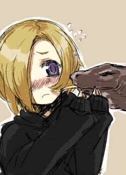 10s 1girl animal blonde_hair earrings female_focus flying_sweatdrops frown hair_over_one_eye hood hoodie idolmaster idolmaster_cinderella_girls jewelry komodo_dragon long_sleeves ofuro_mantarou purple_eyes shirasaka_koume short_hair simple_background sleeves_past_wrists solo sweatdrop tongue