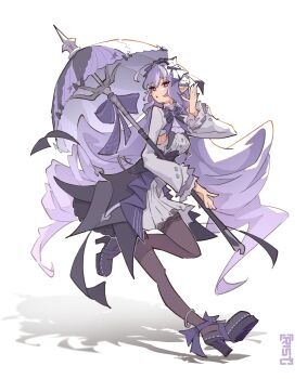 1girl :o ahoge anklet artist_name ascot bow bowtie breast_curtains brown_pantyhose center_frills commentary drill_hair english_commentary frills full_body gem hairband highres holding holding_umbrella jewelry leg_up long_hair no_mole open_mouth pantyhose patterned_legwear pointy_ears purple_ascot purple_bow purple_bowtie purple_gemstone purple_hair purple_hairband purple_ribbon purple_umbrella red_eyes ribbon shadow shrug_(clothing) sideboob_cutout simple_background solo umbrella user_rfde4742 vivian_banshee white_background white_shrug zenless_zone_zero