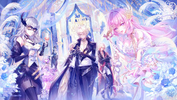 3boys 4girls absurdres aglaea_(honkai:_star_rail) alternate_costume anaxa_(honkai:_star_rail) black_coat black_gloves black_pants blonde_hair blue_flower blue_rose breasts castorice_(honkai:_star_rail) cleavage coat commentary crossed_arms cup cyrene_(demiurge)_(honkai:_star_rail) cyrene_(honkai:_star_rail) diamond-shaped_pupils diamond_(shape) dress drinking_glass english_commentary eye_mask flower fylus gloves green_hair grey_hair highres holding holding_cup holding_mask honkai:_star_rail honkai_(series) indoors large_breasts long_hair looking_at_viewer mask medium_hair multiple_boys multiple_girls mydei_(honkai:_star_rail) pants phainon_(honkai:_star_rail) phainon_(khaslana)_(honkai:_star_rail) pink_hair pointy_ears purple_eyes purple_hair reaching reaching_towards_viewer rose second-party_source shirt short_hair smile stelle_(honkai:_star_rail) symbol-shaped_pupils trailblazer_(honkai:_star_rail) very_long_hair white_dress white_shirt wine_glass