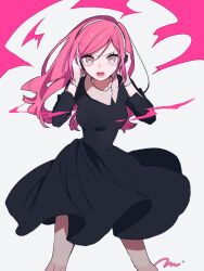 Rule 34 | 1girl, collared dress, dress, gloves, hands on headphones, headphones, long hair, long sleeves, looking at viewer, maco22, open mouth, original, pink eyes, pink hair, solo, v-shaped eyebrows