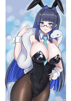 1girl absurdres animal_ears black-framed_eyewear black_leotard black_pantyhose blue_eyes blue_hair blush boros_(ouro_kronii) breasts brulee cleavage collar colored_inner_hair commentary_request detached_collar fake_animal_ears glasses hair_intakes hand_on_own_hip highres hololive hololive_english large_breasts leotard long_hair looking_at_viewer multicolored_hair open_mouth ouro_kronii pantyhose playboy_bunny rabbit_ears sidelocks smile snake snake_wrapped_around_neck solo very_long_hair virtual_youtuber white_collar white_wrist_cuffs wrist_cuffs