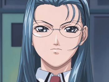 00s 1girl 2002 animated animated_gif aqua_hair bible_black bible_black_gaiden bow bowtie breasts classroom female_focus glasses hairband long_hair mochida_junko school school_uniform solo tagme