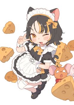 1girl ;d absurdres animal_ears apron black_dress black_hair black_shoes blonde_hair bow bowtie cat_ears cat_girl cat_tail cheese commentary dress english_commentary fang food frilled_dress frills full_body hair_bow highres looking_at_viewer maid maid_apron maid_headdress mouse_(animal) multicolored_hair one_eye_closed open_mouth original possummachine puffy_short_sleeves puffy_sleeves shoes short_hair short_sleeves simple_background smile tail tail_bow tail_ornament thighhighs two-tone_hair v waist_apron white_background white_thighhighs white_wrist_cuffs wrist_cuffs yellow_bow yellow_bowtie yellow_eyes