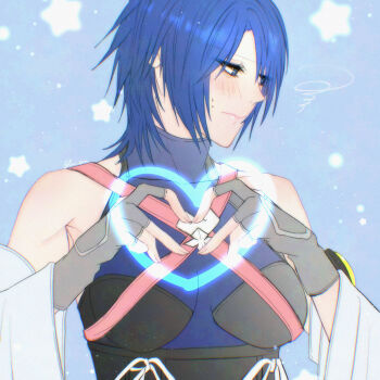 1girl aqua_(kingdom_hearts) bare_shoulders blue_background blue_eyes blue_hair blush breasts chest_strap commentary detached_sleeves fingerless_gloves gloves grey_gloves hair_between_eyes heart heart_hands highres kingdom_hearts kingdom_hearts_birth_by_sleep lux_spei medium_breasts medium_hair sleeveless sleeveless_turtleneck solo squiggle sweatdrop symbol-only_commentary turtleneck upper_body wavy_mouth