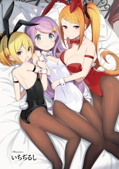 >:) >:o 10s 3girls :o anastasia_hoshin animal_ears arm_ribbon ass asymmetrical_docking bare_shoulders blonde_hair blue_eyes bow bowtie braid braided_bangs breast_press breasts brown_legwear cleavage crown_braid detached_collar fake_animal_ears fang felt_(re:zero) flat_chest girl_sandwich hair_between_eyes hair_ornament hair_scrunchie hairband highres ichi-jirushi large_breasts long_hair lying multiple_girls non-web_source official_art on_back on_bed on_side pantyhose playboy_bunny priscilla_barielle purple_hair rabbit_ears rabbit_tail re:zero_kara_hajimeru_isekai_seikatsu red_eyes ribbon sandwiched scrunchie short_hair side_ponytail small_breasts smile star_(symbol) star_hair_ornament swept_bangs tail v-shaped_eyebrows very_long_hair wrist_cuffs