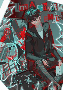 1boy absurdres amamiya_ren black_jacket black_necktie book broken_glass broken_mirror brown_footwear coffee coffee_pot commentary_request dated_commentary english_text glass glasses gloves hat highres holding holding_book holding_pen jacket kobayashiyouyouko looking_down male_focus mask medium_hair mirror necktie pants pen persona persona_5 plaid_clothes plaid_pants prison_clothes red_gloves red_lips sitting solo tablecloth top_hat turtleneck