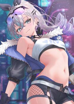 1girl :3 bare_shoulders black_collar black_jacket black_shorts breasts closed_mouth collar commentary_request cowboy_shot crop_top cropped_jacket drill_hair earrings fishnets fur_trim goggles goggles_on_head gradient_hair grey_eyes grey_hair hair_ribbon highres honkai:_star_rail honkai_(series) jacket jewelry long_sleeves midriff multicolored_hair nanaki24 navel off_shoulder open_clothes open_jacket ponytail purple_hair ribbon shirt short_shorts shorts silver_wolf_(honkai:_star_rail) sleeveless sleeveless_shirt small_breasts smile solo stomach white_shirt