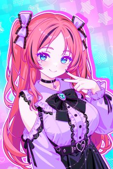 Rule 34 | 1girl, absurdres, bass clef, black choker, black nails, blue eyes, breasts, choker, commentary, detached sleeves, english commentary, finn flint, frilled shirt, frills, highres, indie virtual youtuber, jirai kei, large breasts, long hair, looking at viewer, melody note (vtuber), pleated skirt, purple shirt, red hair, shirt, skirt, solo, standing, twintails, v, very long hair, virtual youtuber