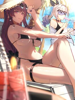 2girls absurdres adjusting_eyewear alternate_costume beach_chair belt bikini black_bikini black_bow black_choker bow breasts choker commentary_request crossed_legs curryman_(curryman06) drill_hair drill_ponytail eating food front-tie_bikini_top front-tie_top goggles grey_eyes grey_hair groin hair_bow hand_on_eyewear hat highres holding holding_food holding_popsicle holographic_interface honkai:_star_rail honkai_(series) jacket kafka_(honkai:_star_rail) korean_commentary large_breasts long_hair looking_at_screen looking_at_viewer multiple_girls nail_polish navel open_clothes open_jacket popsicle purple-tinted_eyewear purple_eyes purple_hair purple_nails round_eyewear see-through_clothes see-through_jacket shade silver_wolf_(honkai:_star_rail) sitting smile stomach straw_hat sunglasses swimsuit thigh_belt thigh_strap tinted_eyewear white_jacket