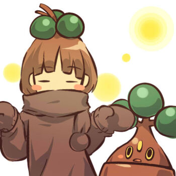 00s 1girl =_= blush_stickers bonsly brown_hair closed_eyes creature_and_personification gen_4_pokemon hair_bobbles hair_ornament hitec mittens moemon nintendo open_mouth personification pokemon pokemon_(creature) pokemon_dppt scarf shrugging sweater yellow_eyes