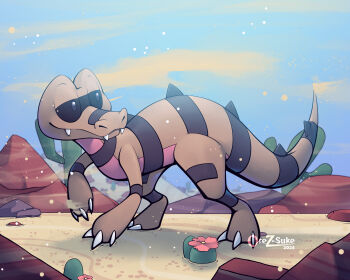 Rule 34 | blue sky, claws, crocodilian, day, desert, full body, gen 5 pokemon, highres, krokorok, nintendo, no humans, orez-suke, outdoors, pokemon, pokemon (creature), rock, sky, solo, tail