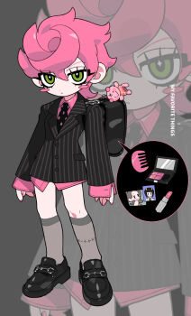 1girl backpack bag black_bag black_footwear black_jacket blush_stickers bruno_bucciarati c73an closed_mouth collared_shirt comb cosmetics donatella_una dot_nose english_text grey_socks highres jacket jojo_no_kimyou_na_bouken lipstick_tube long_eyelashes makeup pink_hair pink_nails pink_shirt polka_dot_necktie shirt short_hair socks solo spice_girl_(stand) striped_clothes striped_jacket trish_una vento_aureo vertical-striped_clothes vertical-striped_jacket what&#039;s_in_my_bag zoom_layer