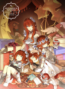 4girls absurdres bracelet breasts cannon closed_eyes commentary crayon dress flower full_body gift hair_over_eyes hand_on_another's_head head_wreath highres honkai:_star_rail honkai_(series) indoors jewelry lap_pillow large_breasts letter looking_down multiple_girls open_mouth pointy_ears red_hair shiba_(tonari_no_shiba_inu) shoes short_hair smile star_balloon trianne_(honkai:_star_rail) tribbie_(honkai:_star_rail) tribios_(honkai:_star_rail) trinnon_(honkai:_star_rail) watermark white_dress white_flower white_shoes