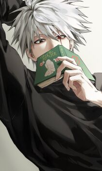 Rule 34 | 1boy, arm up, bbangnya, black eyes, black shirt, book, commentary request, grey hair, hatake kakashi, heterochromia, highres, holding, holding book, icha icha (naruto), korean commentary, looking at viewer, male focus, naruto (series), no mask, red eyes, scar, scar across eye, scar on face, sharingan, shirt, short hair, solo, upper body