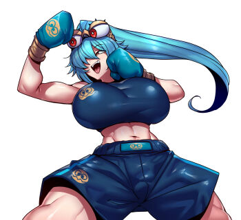 1girl abs aqua_gloves aqua_hair artist_self-insert blue_bra blue_shorts boxing boxing_gloves boxing_shorts bra breasts cowboy_shot fighting_stance gloves highres huge_breasts living_clothes long_hair midriff muscular muscular_female navel one_eye_covered open_mouth original shiny_clothes shorts sleeveless sports_bra tight_top tukiwani underwear white_background