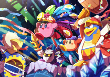 Rule 34 | absurdres, armor, bandana, bandana waddle dee, bat wings, blue bandana, colored skin, confetti, disembodied hand, festival kirby, galaxia (sword), gloves, highres, holding, holding sword, holding weapon, instrument, king dedede, kirby, kirby's return to dream land deluxe, kirby (series), magolor, meta knight, nintendo, no humans, pauldrons, pink skin, rayman limbs, shoulder armor, solid oval eyes, star (symbol), sword, tambourine, watawata22, weapon, wings, yellow eyes, yellow gloves
