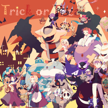 Rule 34 | absurdres, aegislash, agatha (pokemon), apron, arm up, banette, black gloves, blonde hair, brown hair, cane, chandelure, closed eyes, cofagrigus, doublade, dress, drifloon, dusclops, dusknoir, duskull, fantina (pokemon), flower, frillish, frillish (female), gastly, gen 1 pokemon, gen 2 pokemon, gen 3 pokemon, gen 4 pokemon, gen 5 pokemon, gen 6 pokemon, gengar, giratina, glasses, gloves, golett, golurk, gourgeist, hair flower, hair ornament, hand on own hip, haunter, headband, highres, holding, holding cane, honedge, hoopa, jellicent, jellicent (male), lampent, legendary pokemon, litwick, midriff, misdreavus, mismagius, morty (pokemon), mythical pokemon, nagatsukiariake, nintendo, one eye closed, open mouth, phantump, phoebe (pokemon), pink flower, pokemon, pokemon (creature), pokemon bw, pokemon dppt, pokemon frlg, pokemon hgss, pokemon rse, pumpkaboo, purple dress, purple gloves, purple hair, purple headband, purple scarf, purple skirt, quad tails, rotom, round eyewear, scarf, shauntal (pokemon), shedinja, short hair, shuppet, skirt, smile, spiritomb, teavert, trick or treat, waist apron, yamask